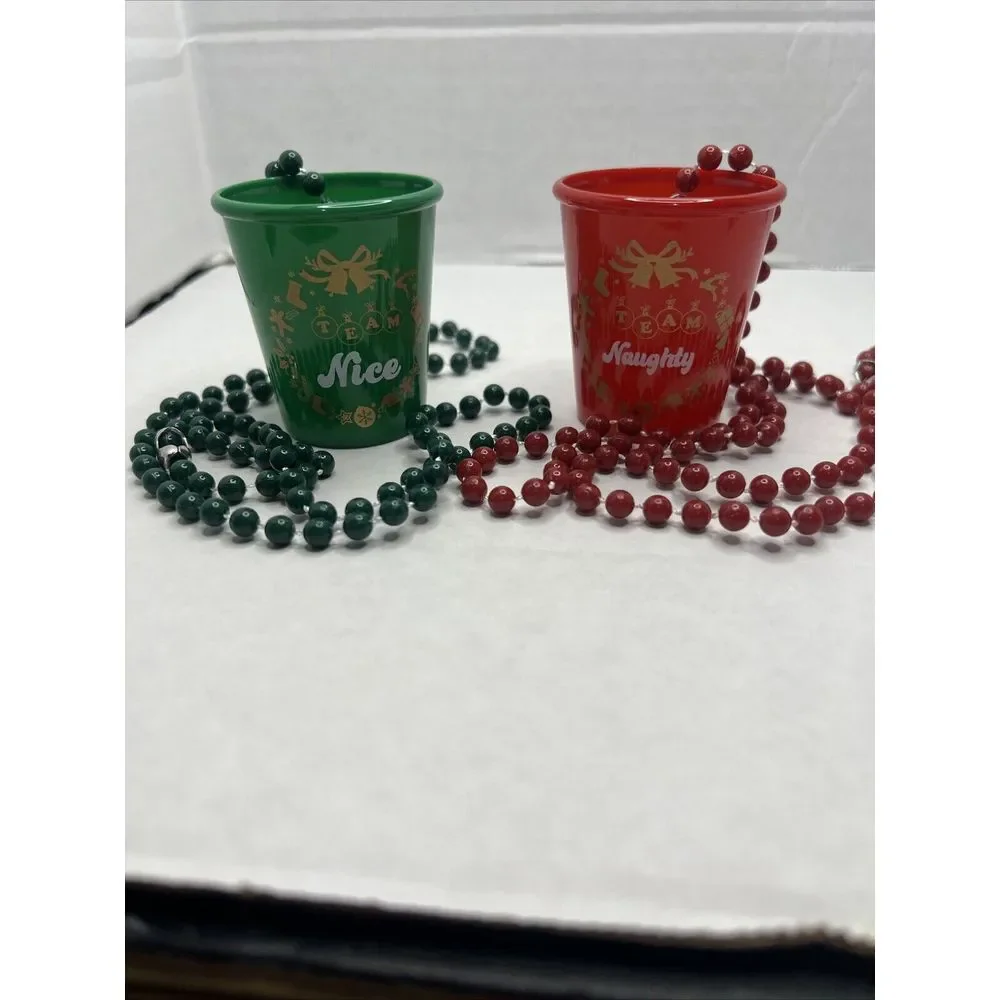 2 Pieces Christmas Shot Glass‎ Necklace Plastic Green Red Team Naughty Nice